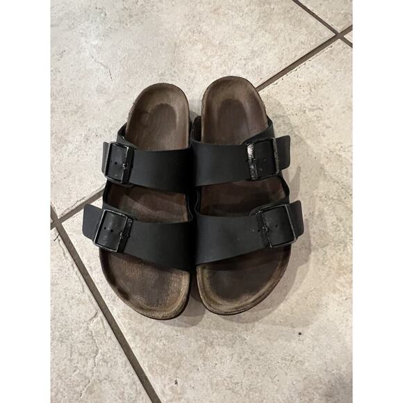 Birkenstock Black Arizona Slide Synthetic Leather Birko Flor Sz 7 Slip On Sandal - Picture 1 of 10